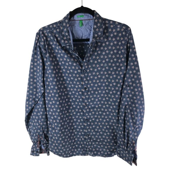 United Colors of Benneton Mens Button Down Shirt Floral Print Slim Cotton Blue M - Picture 1 of 6